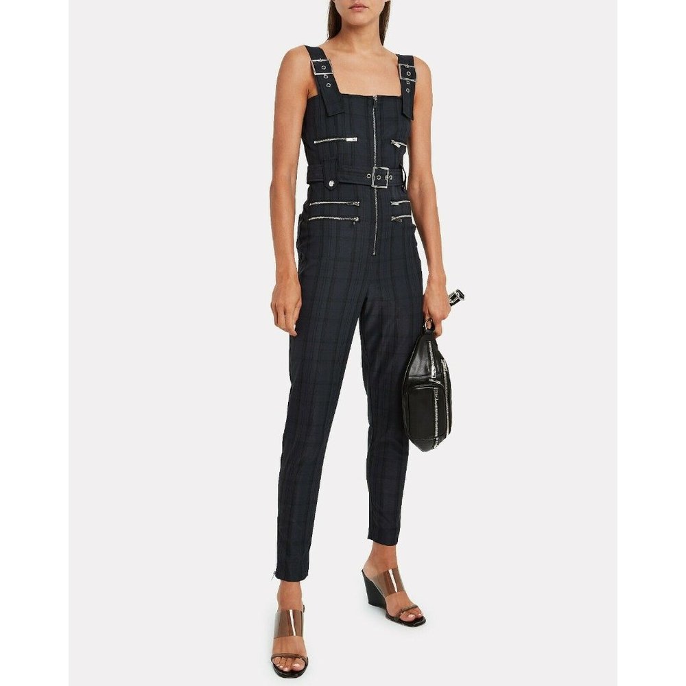 WeWoreWhat Moto Jumpsuit Navy Plaid
